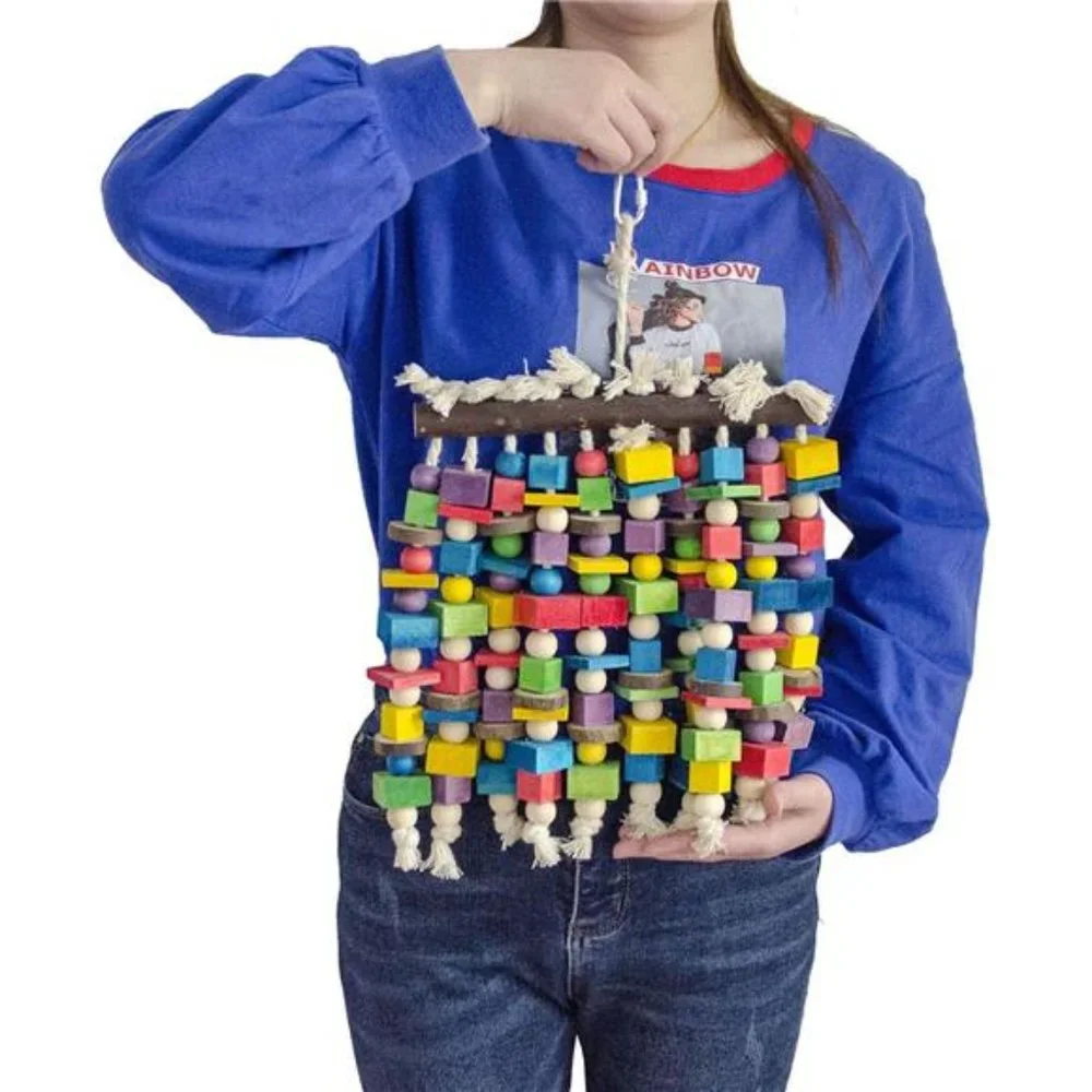 Large Bird Parrot Chewing Toy - Multicolored Natural Wooden Blocks Bird Parrot